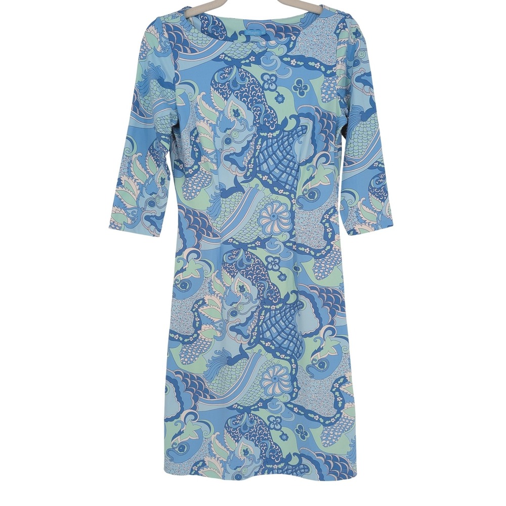 J. McLaughlin‎ Catalina Cloth Dress XS Blue Abstract Asian Floral Coastal Preppy